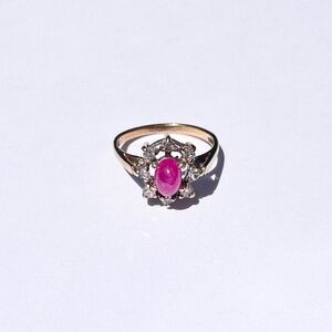 antique cabochon ruby diamond cluster signet ring gold vintage edwardian 5.5